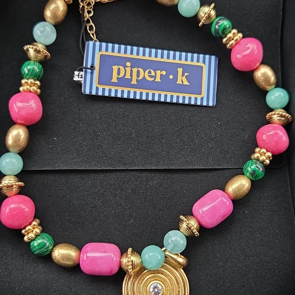 💕▪️ Piper K▪️Pink Marble & Dyed Quartz Malachite Beaded 16in CZ Necklace